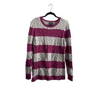 Lands End Women XL 18 Striped Cable Knit Cotton Drifter Crew Neck Sweater